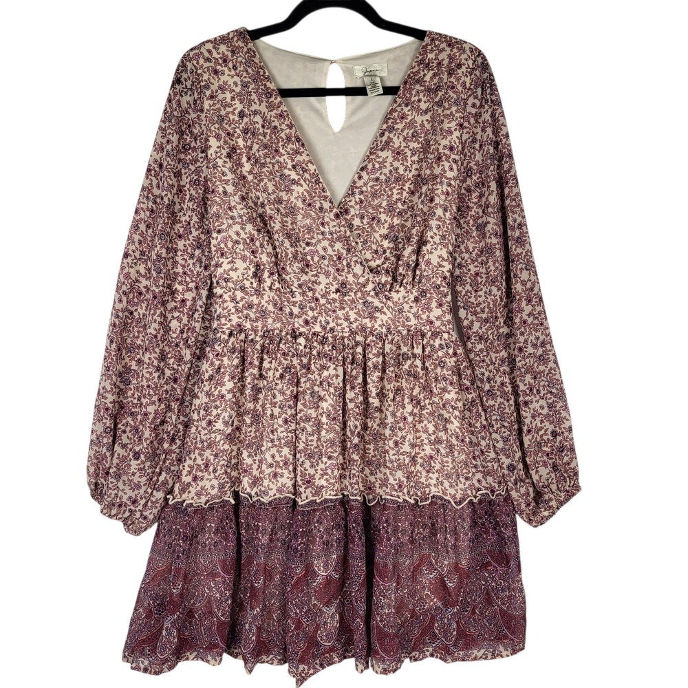 Japna‎ Floral Dress Women's Large Pink Purple Balloon Sleeves Mini Ruffled Boho